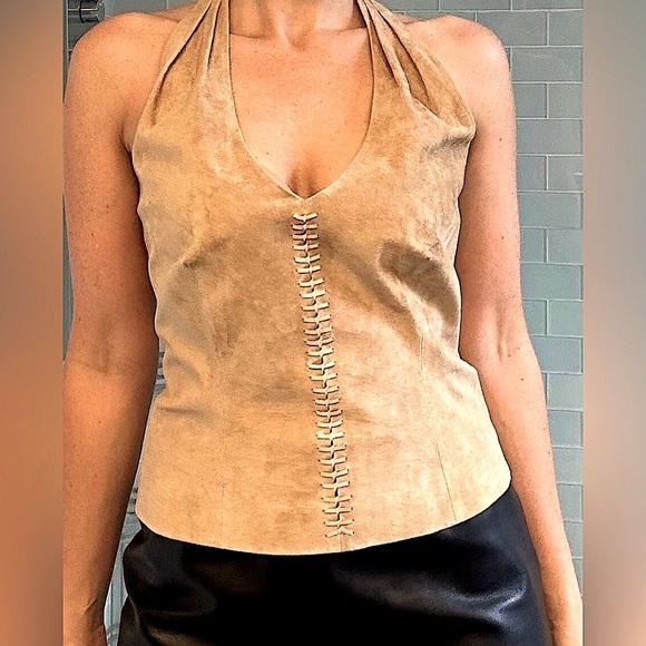 Cache Tops - Suede Leather Western Style Halter embellished with leather stitching
